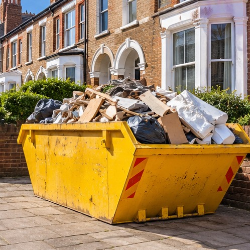 Yellow skip filled with mixed renovation materials